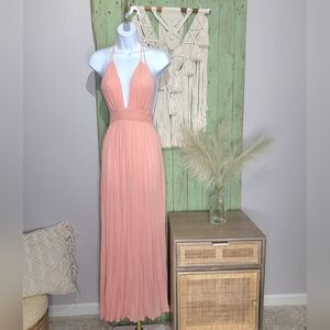 Coral Backless Plunge Neck Cover Up with Halter Tie Back Strings Small